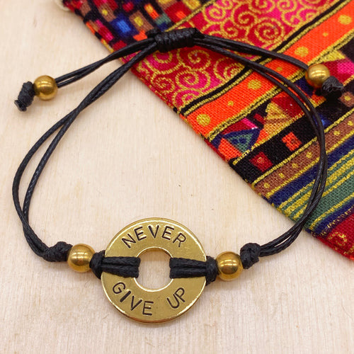 NEVER GIVE UP - Beaded Brass Ring Bracelet
